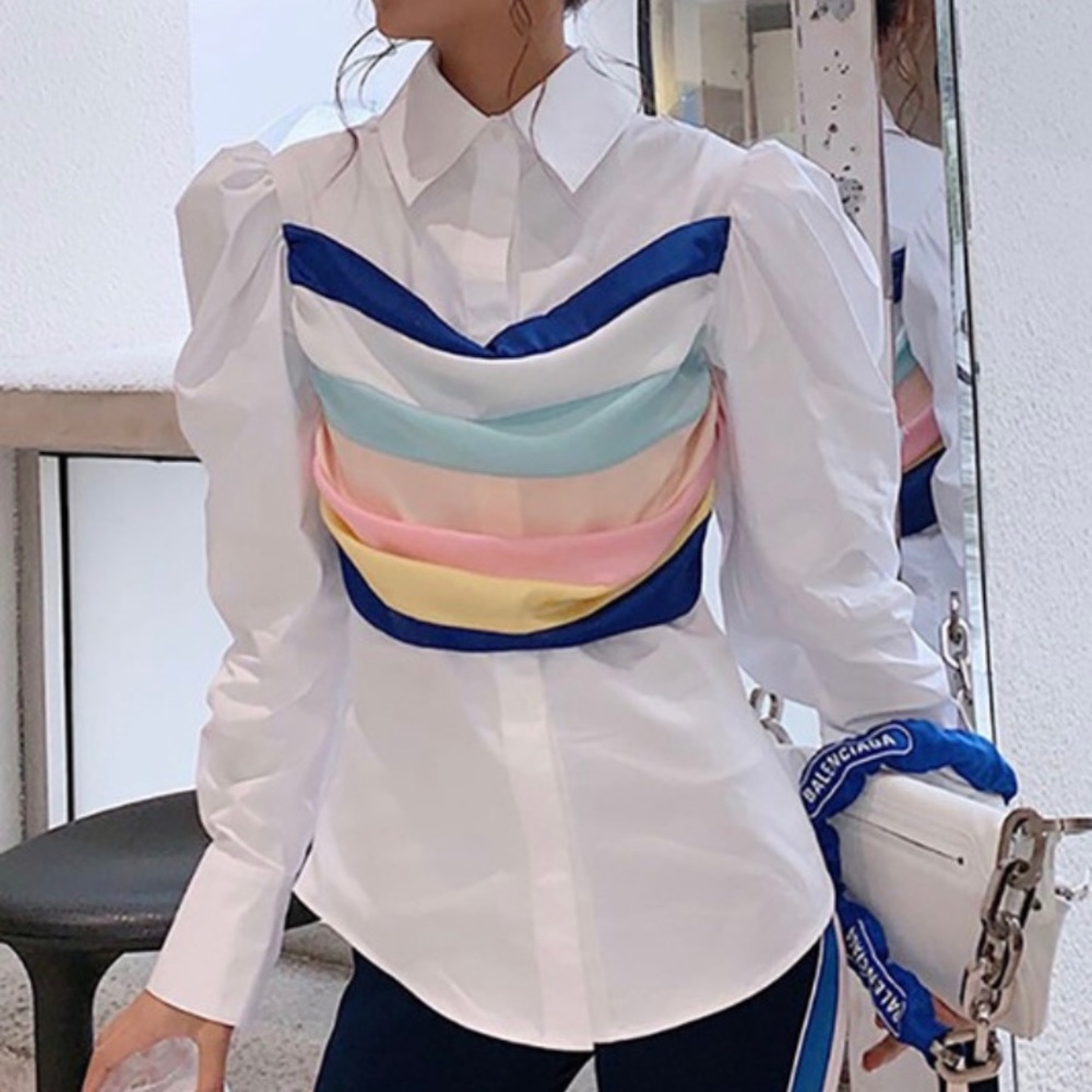 Multicolor White Button Up Top